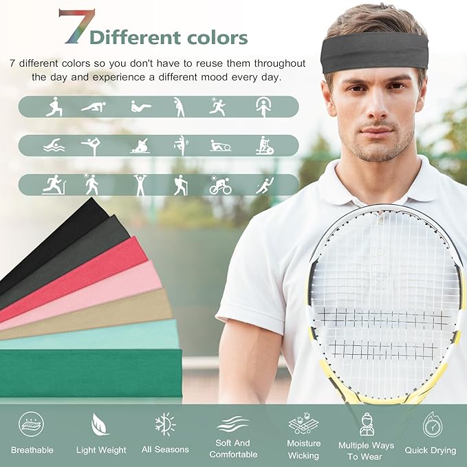 Headbands for Women, Stretchy Non Slip Soft Cotton Cloth Hair Bands for Sports, Workout, Yoga and Running, 7pcs