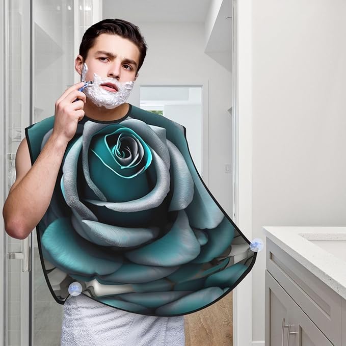 Teal Gray Rose Print Beard Bib Apron For Men, Beard Hair Catcher For Men Shaving Trimming,Beard Cape Cloth
