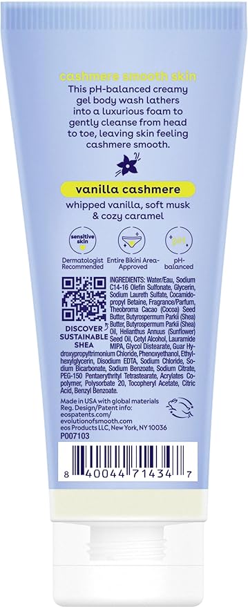 eos Travel Vanilla Cashmere Body Wash- Travel Size Body Wash, Hydrating, Moisturizing, Toiletries, Mini, Shea Butter, 2.5 fl oz
