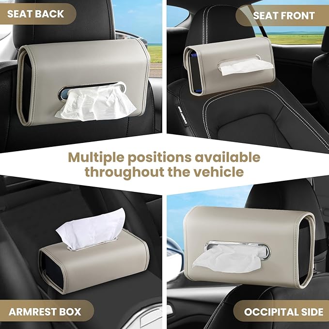 Car Tissue Holder, WHHMK Tissue Box Cover Keep Car Tidy,Premium PU Leather Backseat Napkin Rectangle Organizer, Extra Large Tissue Box Storage in Car Fits for 100-150 Regular Size Tissues,Grey(2Packs)