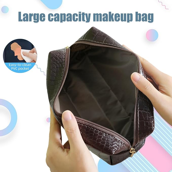 Makeup Bag for Purse, Compact Toiletry Pouch, Crocodile-Embossed Cosmetic Travel Bag, Small Makeup Pouch, Unisex Toiletry Travel Bag