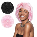 Arqumi Pack of 2 Satin Sleeping Bonnet, Large Sleep Bonnet with Long Strap, Adjustable Sleep Cap Hair Bonnet for Women & Men, Black+Pink