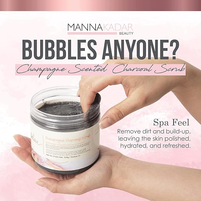 Manna Kadar Beauty Champagne Charcoal Scrub, 18.34 Oz - Detoxify, Exfoliate, Hydrate, Moisturize, Restore Skin, Gentle Body Scrubs, Leaves Skin Polished, Hydrated, & Refreshed, Buff Away Dead Skin