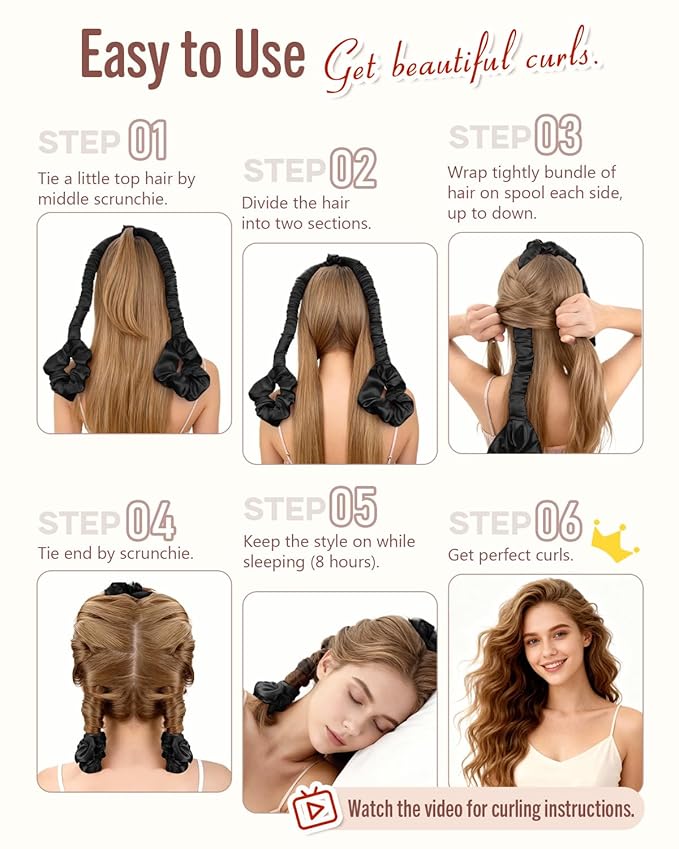 BONNET QUEEN Heatless Hair Curler for Heatless Curls Overnight, All-in-One Sleepy Tie Satin Curling Rod, Hair Curlers to Sleep In, Overnight Blowout Rods, Hair Rollers for Women Long Hair, Black
