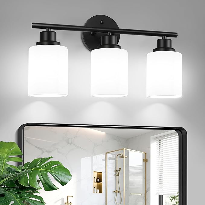 Unicozin 3 Light Bathroom Light Fixtures, Modern Vanity Lights with Milky Glass Shade, Black Wall Lamp Over Mirror for Bathroom, Living Room, Cabinet, Bedroom, E26 Base