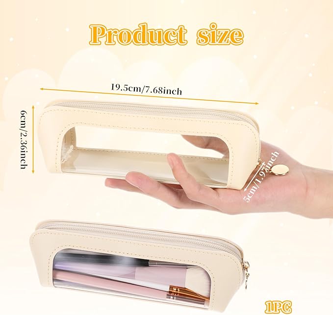 Lusofie Small Clear Makeup Bag, PU Leather Makeup Brush Bag, Portable Clear Make-Up Brush Pouch with Zipper, Multi-use Cosmetic Organizer Bags for Women (Beige)