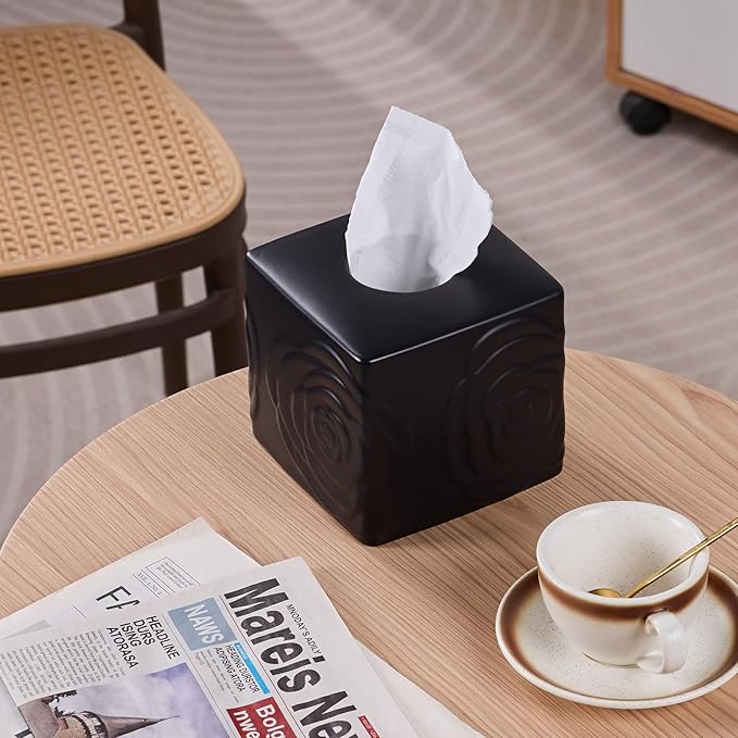 Black Ceramic Rose Tissue Box Cover, Carved Flowers Large Square Tissue Box Holder Decorative for Bathroom, Vanity, Kitchen Countertop, Bedroom Night Stands, Office Desk Top