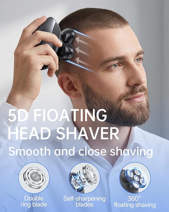 Electric Razor for Men, 5-in-1 Multi-Function Electric Shavers for Men, IPX7 Waterproof Bald Head Shaver with LED Display, Rechargeable Beard Trimmer Body Hair Trimmer, Ideal Gifts for Husband (Black)