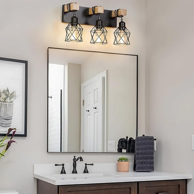 3-Light Farmhouse Bathroom Vanity Light with Wood & Matte Black Metal, Wall Sconce for Mirror, Bedroom, Hallway