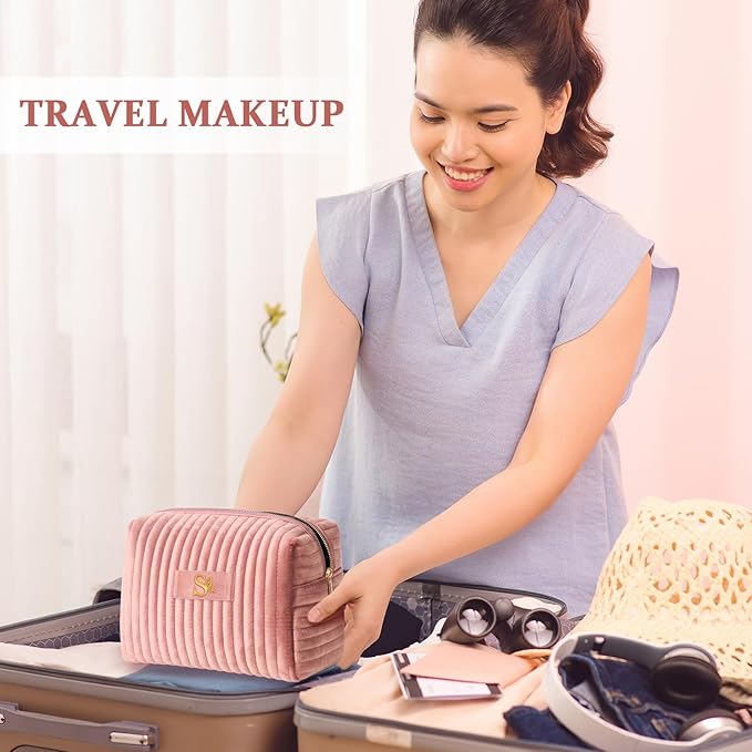 COSHAYSOO Travel Makeup Bag Quilted Make Up Pouch Initial Velvet Cosmetic Case with Butterfly Decorations for Womens Fashion Trending Birthday Easter Valentines Gifts Ideas Unique Pink Letter T
