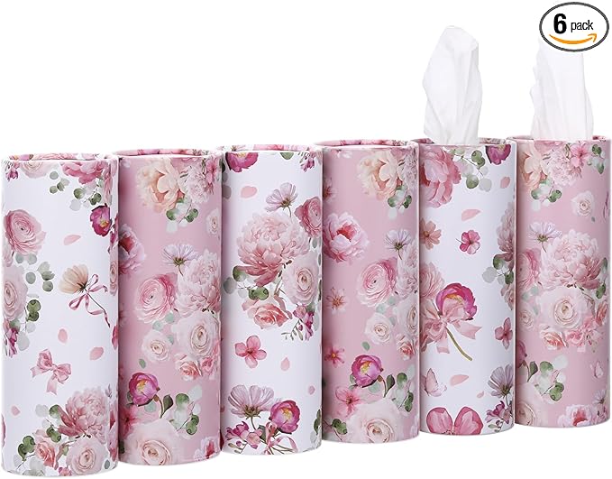 Ctosree 6pk 50 Sheets Car Tissues Holder with Facial Tissues 3-ply Travel Tissue Tubes Box Container Fit for Car Cup Holder Floral Cylinder, 7.1 Inch(Pink,White)
