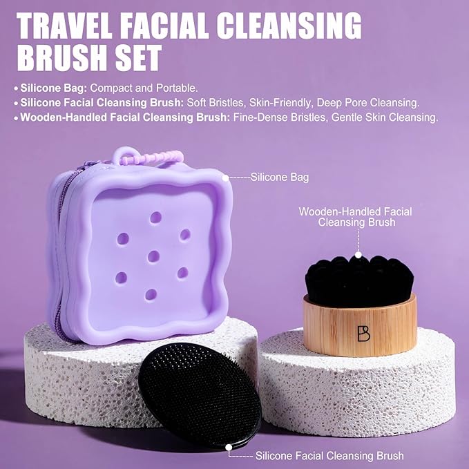 BS-MALL Silicone Facial Cleansing Brush Kit – Bamboo Face Scrub Brush with Silicone Storage Bag for Deep Cleaning, Exfoliation & Pore Cleansing – Travel-Friendly Sensitive Skin Care Tool