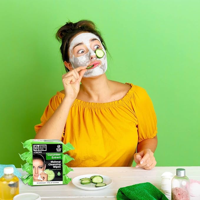 Global Beauty Care Cucumber Makeup Remover Wipes with Vitamins A C E For Cooling Skin Support - Facial Cleansing Towelettes Remove Waterproof Mascara, Oil & Dirt, All Skin Types 120 Count (4-Pack)
