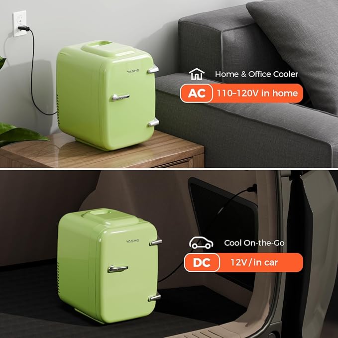 Mini Fridge, 4 Liter/6 Can Mini Makeup Fridge, 110V AC/ 12V DC Portable Thermoelectric Cooler&Warmer for Skincare, Drink, Cosmetic, Medicine, Small fridge for Bedroom, Office, Dorm, Car, Green