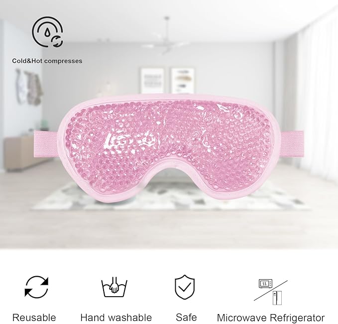 Cooling Gel Eye Mask, 2 PCS Reusable Eye Pad & Cool Compress for for Puffiness & Swelling, Cold Pack with Plush Backing for Migraine & Stress Relief, Pink