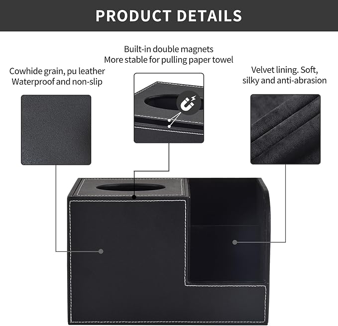 PU Leather Tissue Box Cover with Storage Square-Multifunctional Tissue Holder,Remote Control Holder,Decorative Tissues Boxes Organizer,Home Office Desktop Storage box,Black