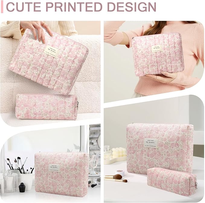 2PC Makeup Bag Set, Cute Cosmetic Bag for Women Girls, Floral Coquette Aesthetic Toiletry Bag, Travel Make Up Organizer Bag (Pink Rose)