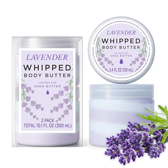 Princess Belle Lavender Whipped Shea Body Butter, Body Moisturizer for Dry Skin, Smell Good, Lavender Gifts for Women-2 Pack (3.4floz + 6.8 floz)