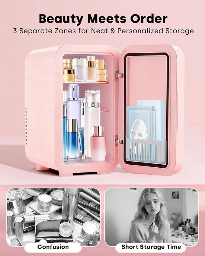 Enventor Mini Skincare Fridge Small Refrigerator for Bedroom, Beauty Fridge for Makeup with Dimmable LED Mirror, 6 L / 8 Cans Compact Portable Cooler for College Dorm, Office, Car, Pink