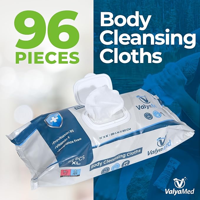 Body Wipes for Adults, XL for full Body, Adult and Elderly, Alcohol-Free Incontinence, Paraben Free, Fragrance-Free, Vitamin E, Provitamin B5-11'' x 8'' (96 Count - Single Pack)