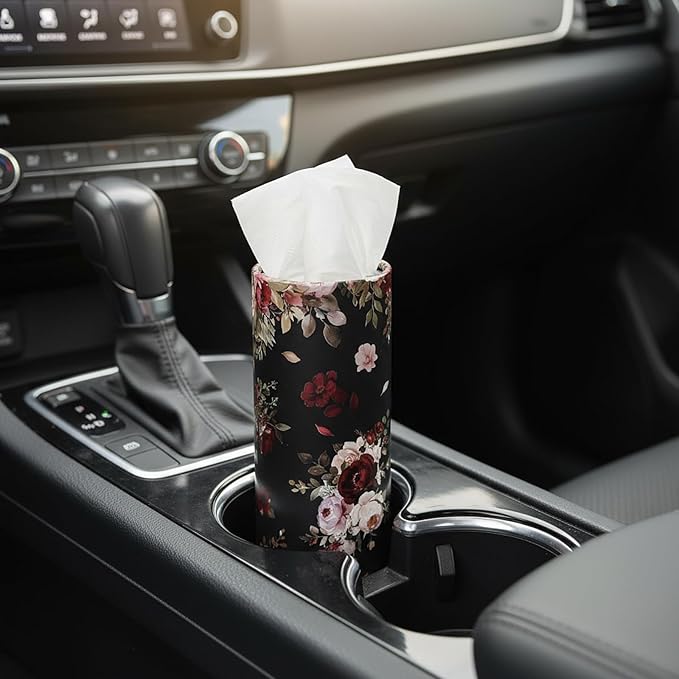Ctosree 6pk 50 Sheets Car Tissues Holder with Facial Tissues 3-ply Travel Tissue Tubes Box Container Fit for Car Cup Holder Floral Cylinder, 7.1 Inch(Red,Black)