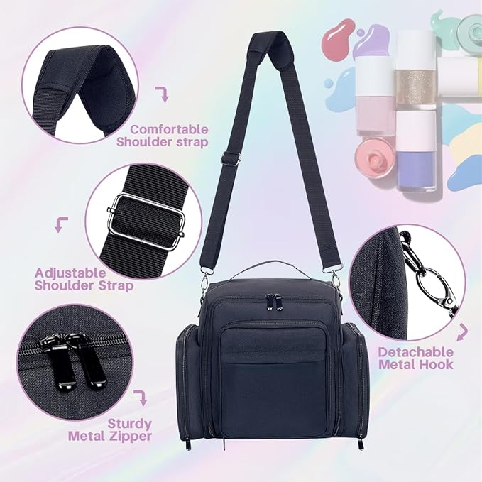 Nail Polish Organizer Holds 60 Bottles and a Nail Lamp,Portable Travel Case with 2 Removable Bags and Tools Storage Pockets Black