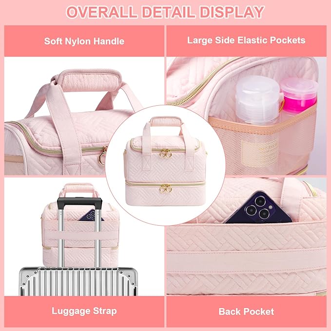 Nail Polish Organizer Bag Holds 80 Bottles (15ml/0.5fl.oz)& Nail Lamp, Soft Velvet Nail Kit Storage Carrying Case with Shoulder Strap, Double Layer Nail Supplies Organizer Handbag Women (Pink)