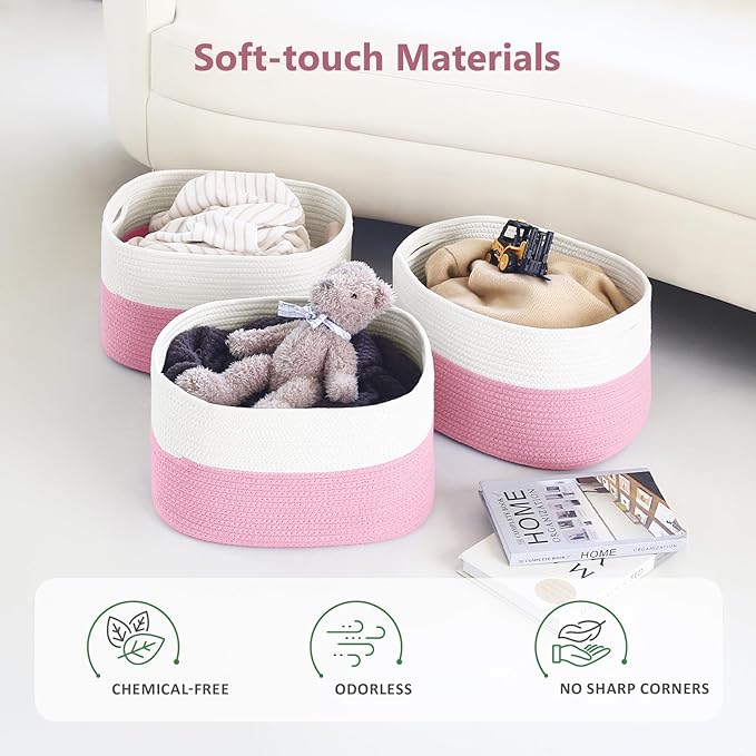 Cotton Rope Shelf Storage Basket, 15x10x9 in, Shelf Storage Baskets for Clothes, Towels, Books, Laundry (White/Pink, 1 Pack)