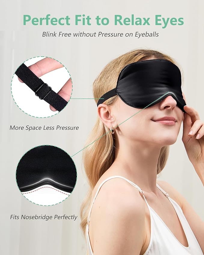 BeeVines 100% Real Mulberry Silk 2 Pack Sleep Mask, Pure Silk Eye Masks with Adjustable Strap for Sleeping, 100% Block Light Eye Shade Cover, Reduces Puffy Eyes Traveling Gifts(Black & Red)