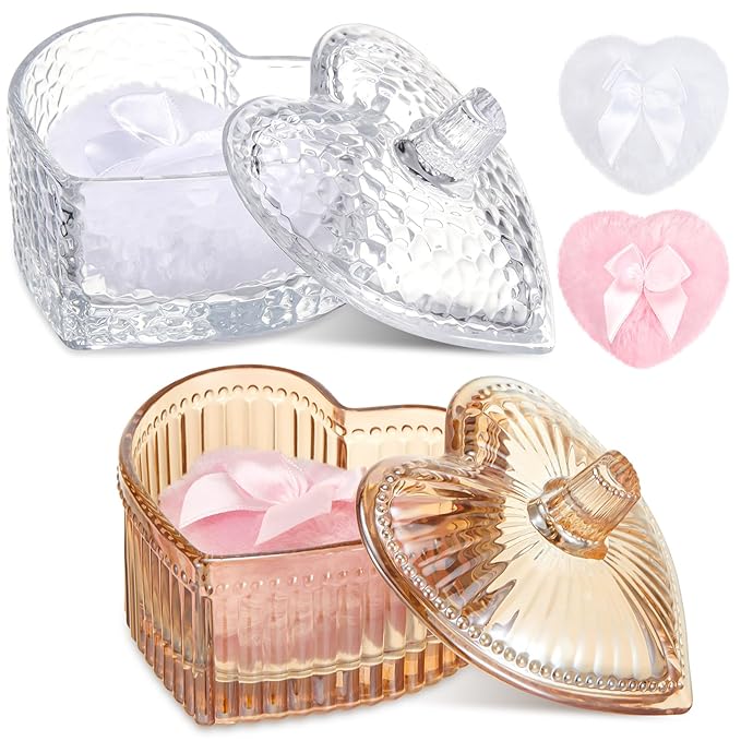 Tioncy 4 Pcs Large Body Powder Puff and Container Extra Large Body Powder Puff Dish Soft Washable Reusable Fluffy Makeup Sponge Wet Dry(Heart,Amber and Clear)