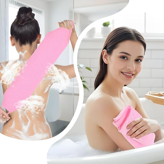 2Pcs Exfoliating Back Scrubber with Handles Nylon Double-Sided Body Scrubber Towel Back Exfoliator Extended Length Washers Scrubbers Stretchable Pull Strap Exfoliating Washcloth (Pink Beige)