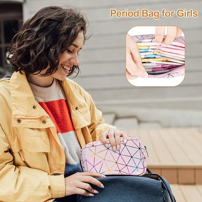 Period Bag for Girls Womens, Leather Sanitary Napkin Storage Bag, Portable Menstrual Pad Bag Period Pads Pouch, Small Make Up Bags(Colorful Pink)