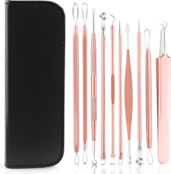 10 PCS Professional Stainless Steel Blackhead Remover,Rose Gold Pimple Popper Tool Kit,Comedones Extractor Tools for Removing Pimple,Whiteheads,Acne,Zit,Fat Granules