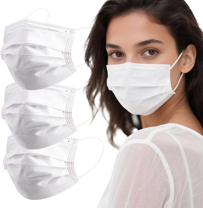 akgk 100PCS White Disposable Face Masks, 3-Ply Breathable White Face Mask For Adults