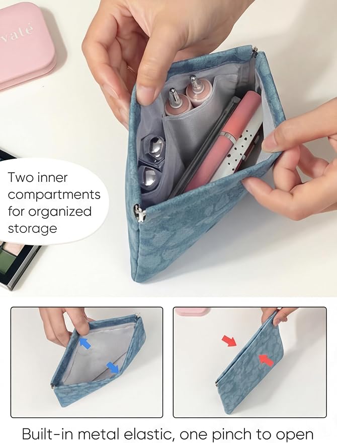 Flower Light Blue PU Leather Makeup Pouch Set for Women Floral Small Make Up Bag for Purse Waterproof Initial Makeup Cosmetic Bags Pouches for Purse Aesthetic Travel Toiletry Bag,