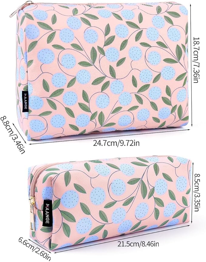 MAANGE 2PCS Makeup Bag for Women, Cosmetic Bag Set, Portable Travel Makeup Bag, Bolsa de Maquillaje, Impermeable Oxford Cloth Make Up Organizer with Gold Zipper(Pink Plants)