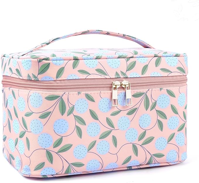 MAANGE Travel Makeup Bag, Cosmetic Bag, Portable Large Capacity Makeup Case, Make Up Organizer For Women, Oxford Cloth Toiletry Bag With Handle (Pink Plants)