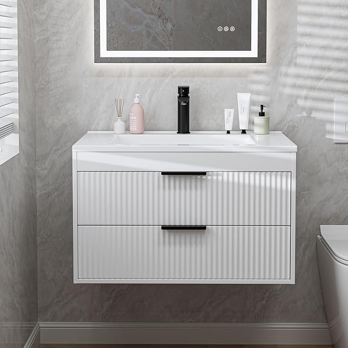 30 Inches Modern MDF Bathroom Vanity with Sink, Wall Mounted Floating Cabinets w/Double Drawers, Black Handles, White Resin Sink Combo Set (White, 30")