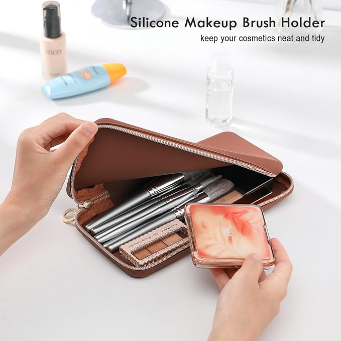 FVION Zipper Makeup Brushes Bag For Travel, Large Silicone Makeup Brush Holder, Make Up Brushes Pouch Case for Makeup Tools - Brown