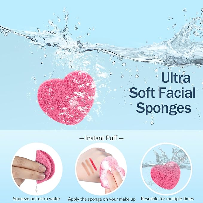 100-Count Compressed Facial Sponges for Estheticians Heart Shape Natural Cellulose Sponge Professional Cosmetic Spa Sponges for Face Cleansing, Massage, Pore Exfoliating, Mask, Makeup Removal, Pink