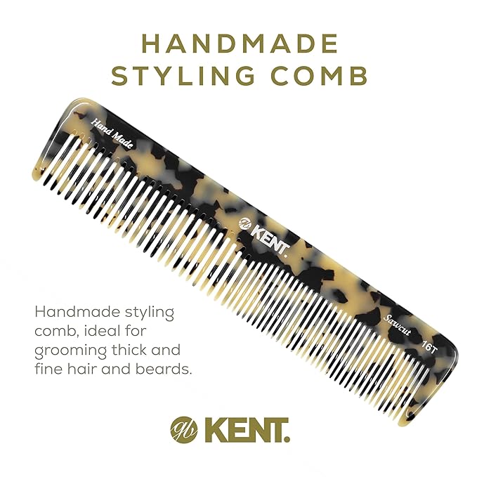 Kent 16T TW Fine and Wide Tooth for Daily Grooming,Handmade Styling Comb for All Hair Types,Wet or Dry Hair Detangling Comb for Men and Women,Saw Cut Hand Polished,Made in England