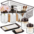 SheeChung 8PCS Bathroom Accessories Set Complete - Soap Dispenser, Mason Jar Toothbrush Holder, 2pcs Qtip Holders, Flower Vase, Soap Holder, Vanity Tray, Toilet Paper Storage, Glass Gift Set - Bronze