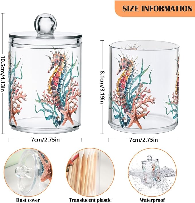 2 Pack Qtip Holder Dispenser for Cotton Ball Seahorse Starfish Watercolor Ocean Cotton Swab Cotton Round Pads Clear Plastic Acrylic Jar Set Bathroom Canister
