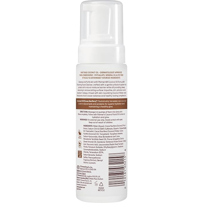 Palmer's Coconut Oil Formula Coconut Hydrate Foaming Facial Cleanser, 5 Fl Oz, Face Wash with coconut water, Hyaluronic Acid & Vitamin E, Gentle Cleansing, Purifying & Moisturizing Skin Care
