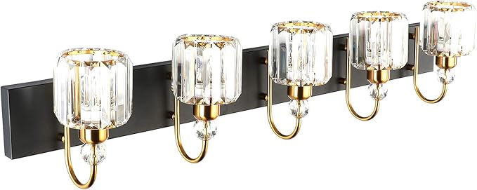 Ralbay Modern LED Bathroom Vanity Lights 5-Lights Crystal Vanity Lights Over Mirror Modern Black Bathroom Vanity Lighting Fixtures