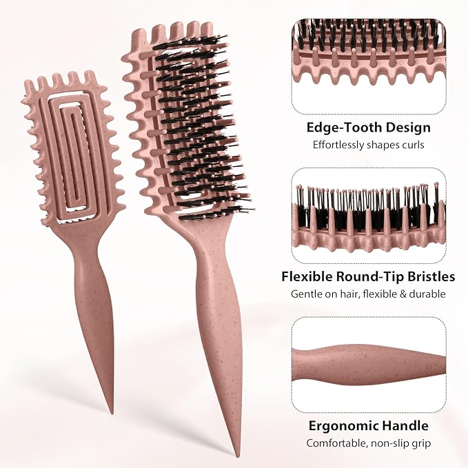 Curl Defining Brush, Curly Hair Brush with Vented Design for Detangling and Shaping, Wet & Dry Use, Reduces Pulling for Women and Men (Pink Brown)