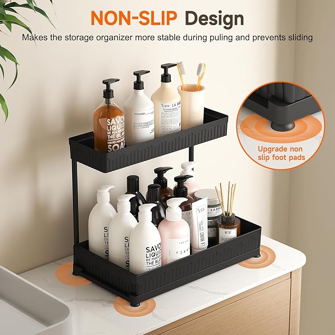 3 Pack Multi-Purpose Under Sink Organizers and Storage, 2026 L-Shaped Pull Out Cabinet Organizer for Bathroom & Kitchen, Under Cabinet Organizer with Hooks Hanging Cup (Black, 12.85 inch)