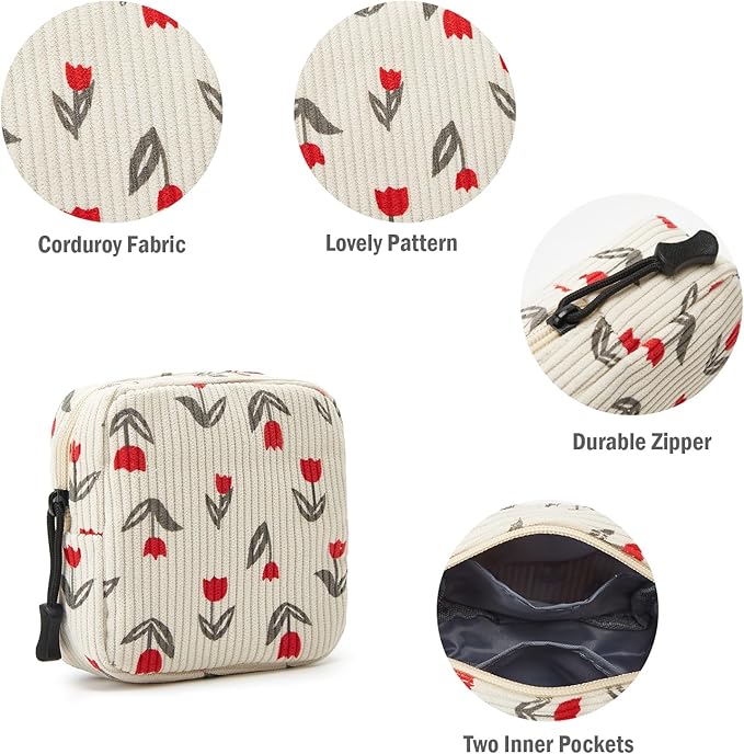 Small Makeup Bag for Purse,Mini Cosmetics Bag cute Zipper corduroy Cosmetic Pouch Storage Pouch Travel Toiletry Organizer for Women Girls(Tulip Red)