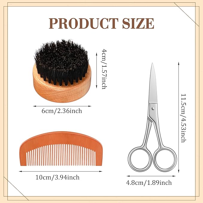 Maitys 10 Sets Beard Brush and Comb Set Bulk Boar Bristle Beard Brush Comb Scissors Kit Gifts for Men Father Colleague Employee Appreciation(Round)