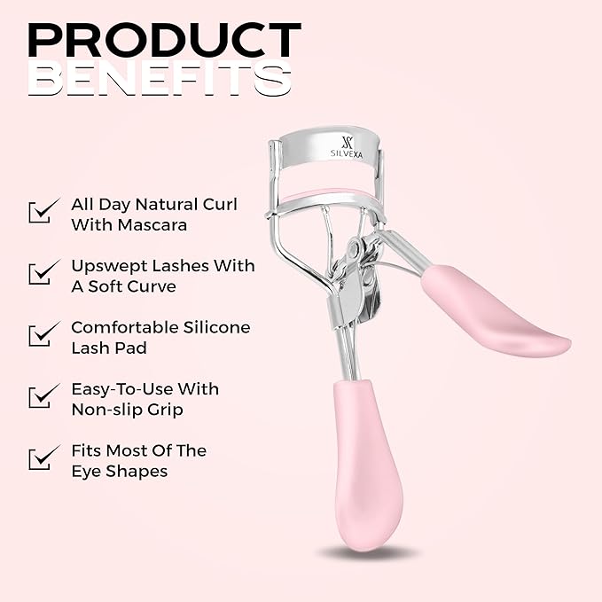 Eyelash Curler with Comfort Grip – Professional Stainless Steel Lash Curler with Soft Silicone Pads | No-Pinch, Long-Lasting Curl for All Eye Shapes | Ergonomic Handle Makeup Tool (Pink)
